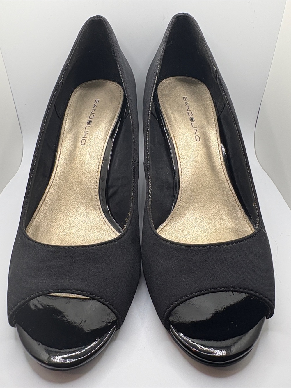 Bandolino Black Fabric Wedge Peep Toe Heels - Size 6